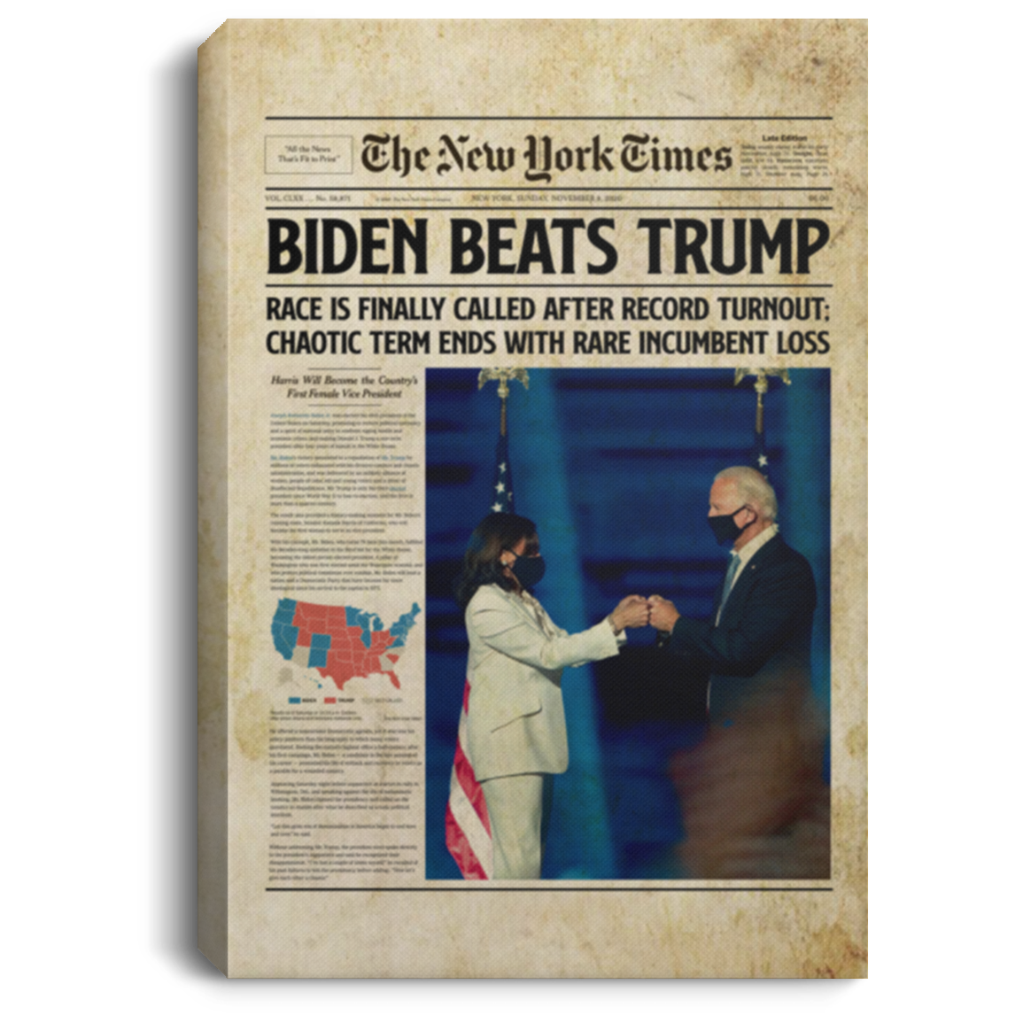 Biden Beats Trump Cover Of Times News - Biden Harris Inauguration Day 2021 Framed Canvas Prints - Unframed Poster, White, 0.75'' Framed Canvas