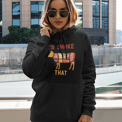Alternative view of Vintage I'd Smoke That BBQ Cow Meat Hoodie - Sweatshirt - Cattle Cuts Of Beef Shirt - Funny Grilling Shirt