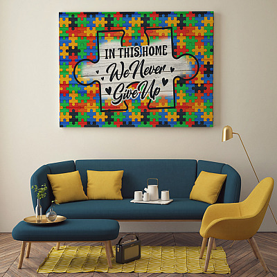 Alternative view of Colorful Puzzle In This House We Never Give Up Gallery Wrapped Framed Canvas Prints - Unframed Poster