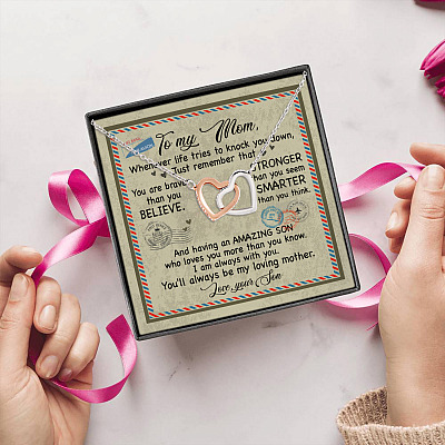 Alternative view of Son to My Mom Whenever Life Tries to Knock You Down Just Remember Letter Interlocking Hearts Pendant Necklace