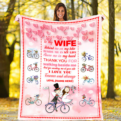 Alternative view of Personalized To My Wife Behind Me On My Bike Fleece Blanket - Couple Bicycle Mink Blanket - Woven Blanket