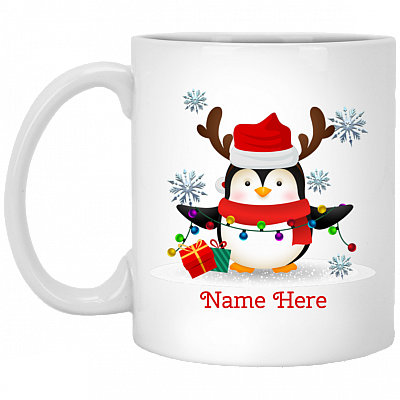 Personalized Penguin Christmas With Name Coffee Mug - Beer Stein - Water Bottle - Color Changing Mug, White, 11 oz. White Mug