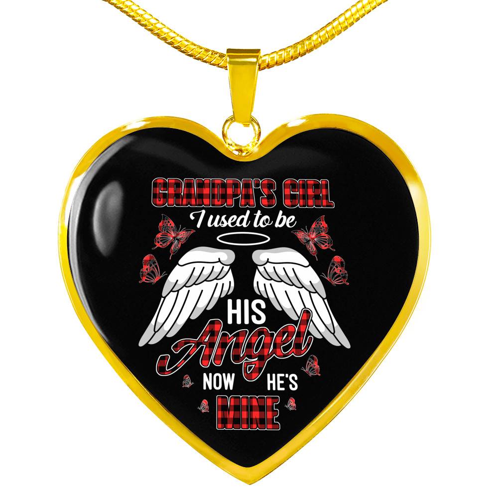 Grandpa's Girl I Used to Be His Angel Now He's Mine Angel Wings Heart Pendant Necklace for Granddaughter - Heart Luxury Necklace (Gold Plated)