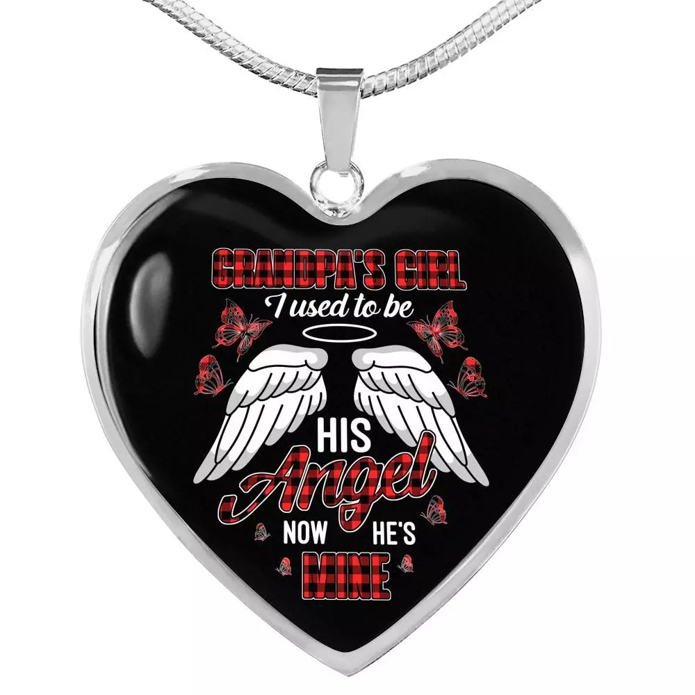 Grandpa's Girl I Used to Be His Angel Now He's Mine Angel Wings Heart Pendant Necklace for Granddaughter - Heart Luxury Necklace (Silver)
