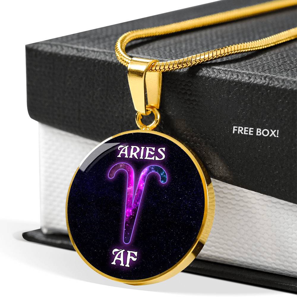 Aries AF Funny Aquarius Zodiac Birthday Gifts Galaxy Circle Pendant Necklace - Circle Luxury Necklace (Gold Plated)