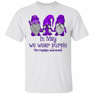 Gnomes In May We Wear Purple Fibromyalgia Awareness Month Bright T-shirt - V-neck, White, Unisex T-Shirt