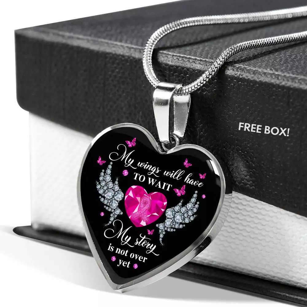 My Story Is Not Over Yet Breast Cancer Awareness Pink Ribbon Heart Pendant Necklace - Heart Luxury Necklace (Silver)