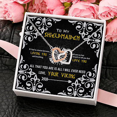 To My Shieldmaiden If I Had To Choose Between Loving You And Breathing Joined Interlocking Hearts Pendant Necklace