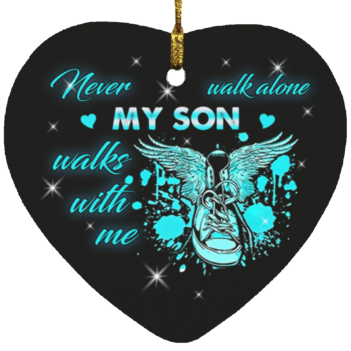 Never Walk Alone My Son Walks with Me Angel Wings Sneaker Decorative Ornament Keepsake - Holiday Flat Heart Ornament, White, Heart Ornament