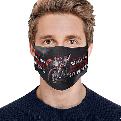 Alternative view of I'm a Grumpy Old Biker My Level of Sarcasm Depends on Your Level of Stupidity Reusable Cloth Face Mask
