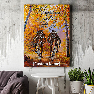 Alternative view of Personalized Happiness Is Cycling with You - Cyclist Couple Wrapped Framed Canvas Prints - Unframed Poster