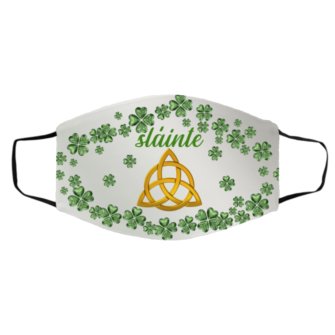 Irish Celtic Trinity Knot Slainté Shamrock St Patrick's Day Washable Reusable Printed Cloth Face Mask Cover, White, Cloth Face Cover – Medium/Large
