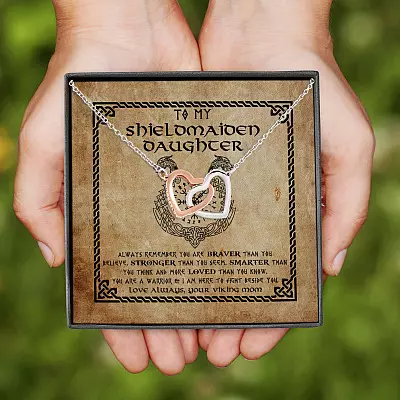 Alternative view of From Mom To My Shieldmaiden Daughter Always Remember You Are Braver Than You Believe Interlocking Hearts Necklace