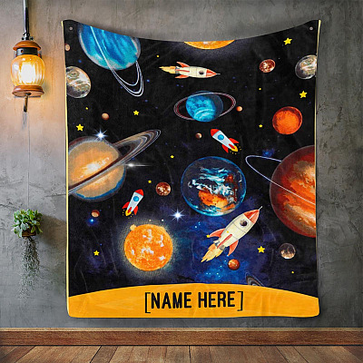 Alternative view of Personalized Outer Space Rocket Fleece Blanket - Mink Sherpa Blanket - Woven Blanket