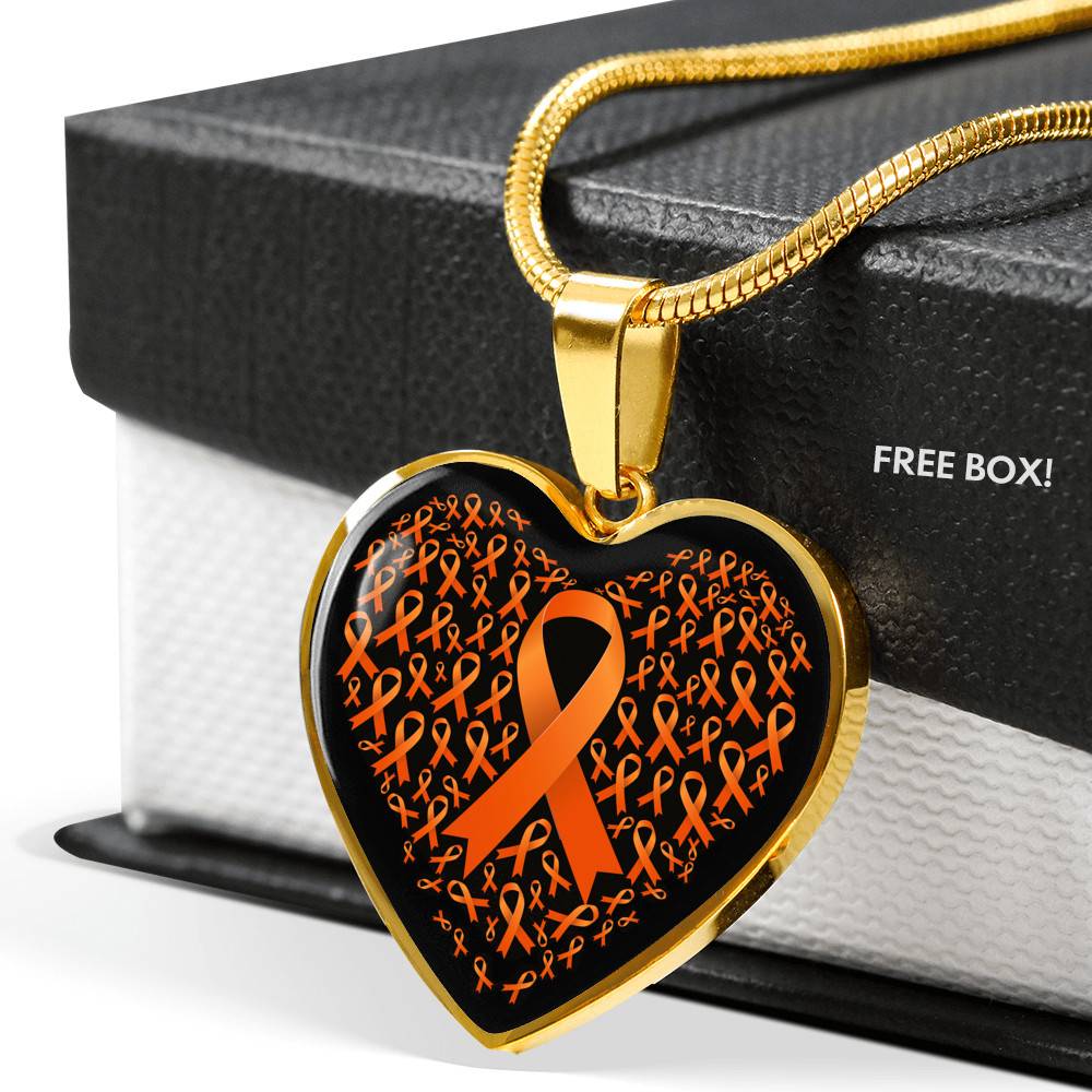 Ribbon in March We Wear Orange Multiple Sclerosis Awareness Month Heart Pendant Necklace - Heart Luxury Necklace (Gold Plated)