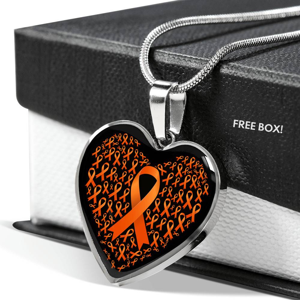 Ribbon in March We Wear Orange Multiple Sclerosis Awareness Month Heart Pendant Necklace - Heart Luxury Necklace (Silver)