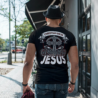Alternative view of Christian Biker I Ride WIth Jesus Print On Back Only Shirt - Biker With Jesus Shirt