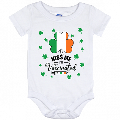 Kiss Me I'm Vaccinated St Patrick's Day Shamrock Baby Onesie - Baby Infant Bodysuit, White, Baby Onesie - 12 Month
