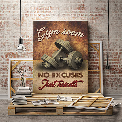 Alternative view of Gym Room Framed Canvas - No Excuses Just Results Unframed Poster - Weight Room Posters Motivation