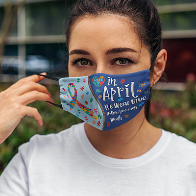 Alternative view of In April We Wear Blue Autism Awareness Month Washable Reusable Custom Printed Cloth Face Mask Cover