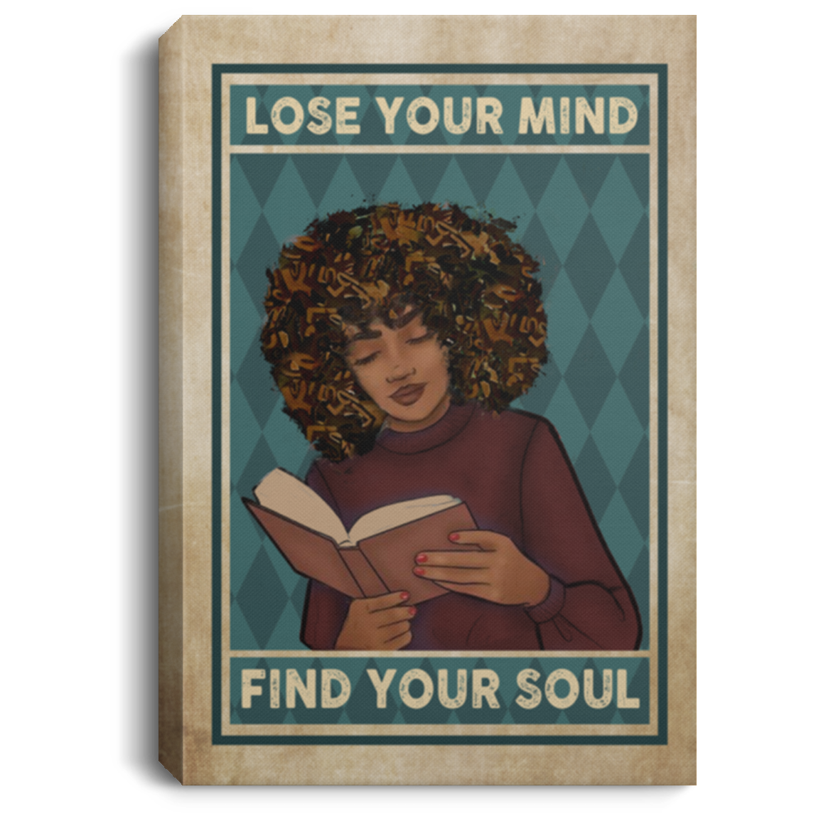 Lose Your Mind Find Your Soul Framed Canvas - Afro Woman Reading Books Unframed Poster, White, 0.75'' Framed Canvas