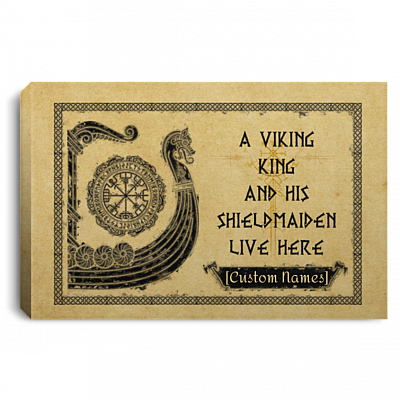 Personalized A Viking King And His Shieldmaiden Live Here Framed Canvas Prints - Viking Couple Unframed Poster, White, 0.75'' Framed Canvas
