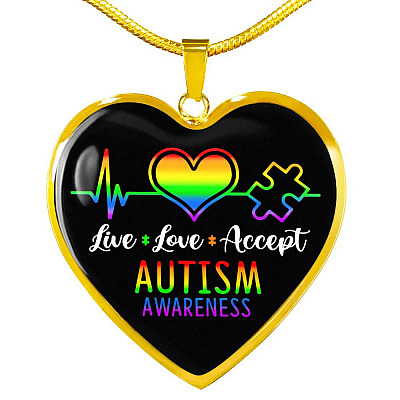 Live Love Accept Autism Awareness Heart Pendant Necklace - Autism Awareness Gifts - Heart Luxury Necklace (Gold Plated)