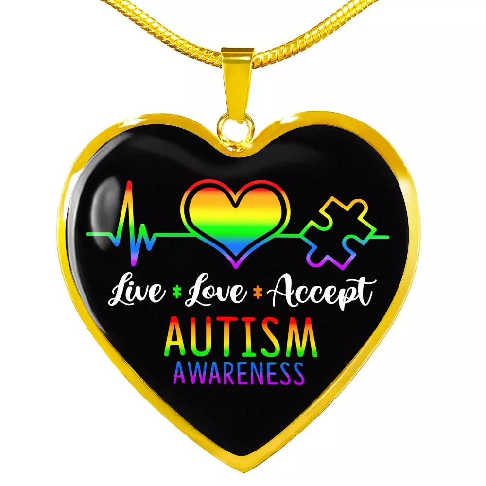 Live Love Accept Autism Awareness Heart Pendant Necklace - Autism Awareness Gifts - Heart Luxury Necklace (Gold Plated)