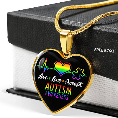 Live Love Accept Autism Awareness Heart Pendant Necklace - Autism Awareness Gifts - Heart Luxury Necklace (Gold Plated)