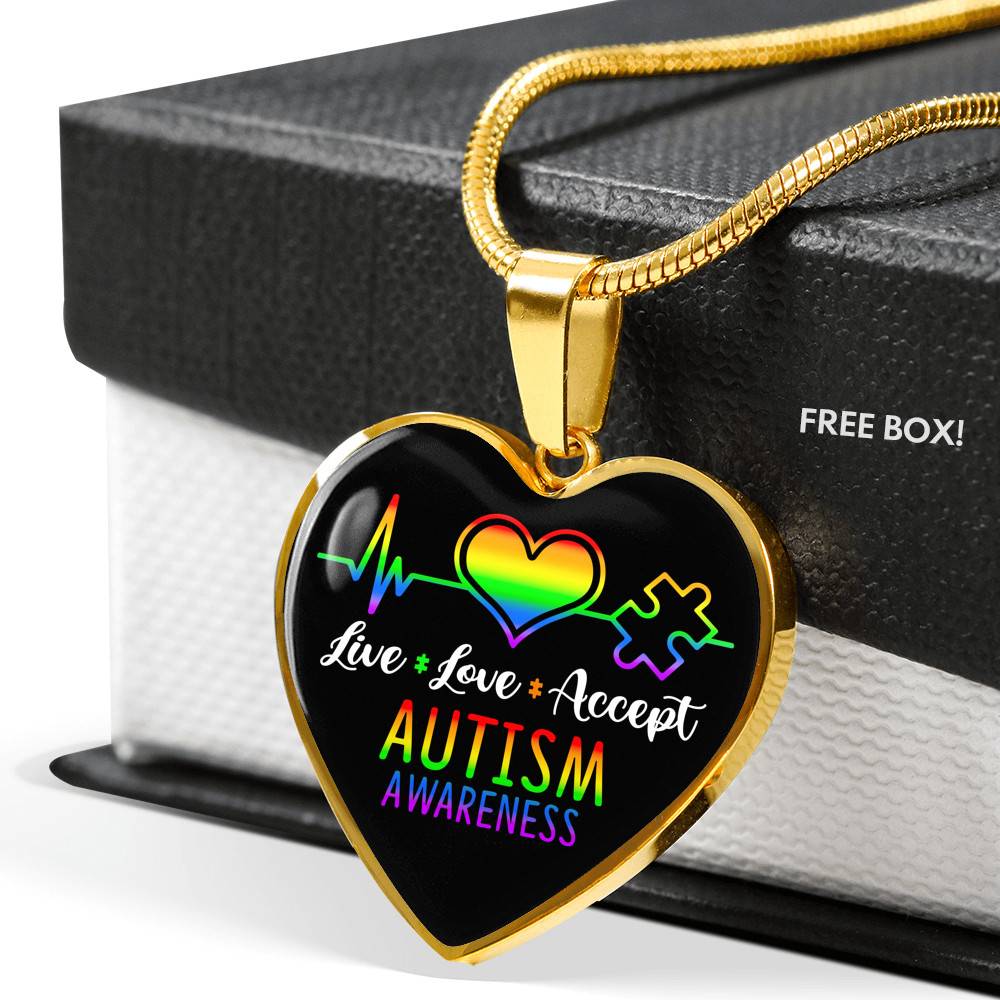 Live Love Accept Autism Awareness Heart Pendant Necklace - Autism Awareness Gifts - Heart Luxury Necklace (Gold Plated)