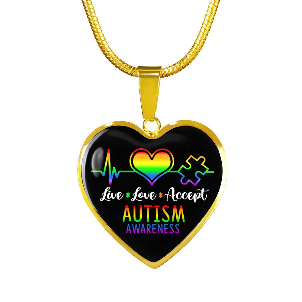 Live Love Accept Autism Awareness Heart Pendant Necklace - Autism Awareness Gifts - Heart Luxury Necklace (Gold Plated)
