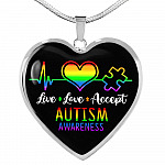 Live Love Accept Autism Awareness Heart Pendant Necklace - Autism Awareness Gifts - Heart Luxury Necklace (Silver)