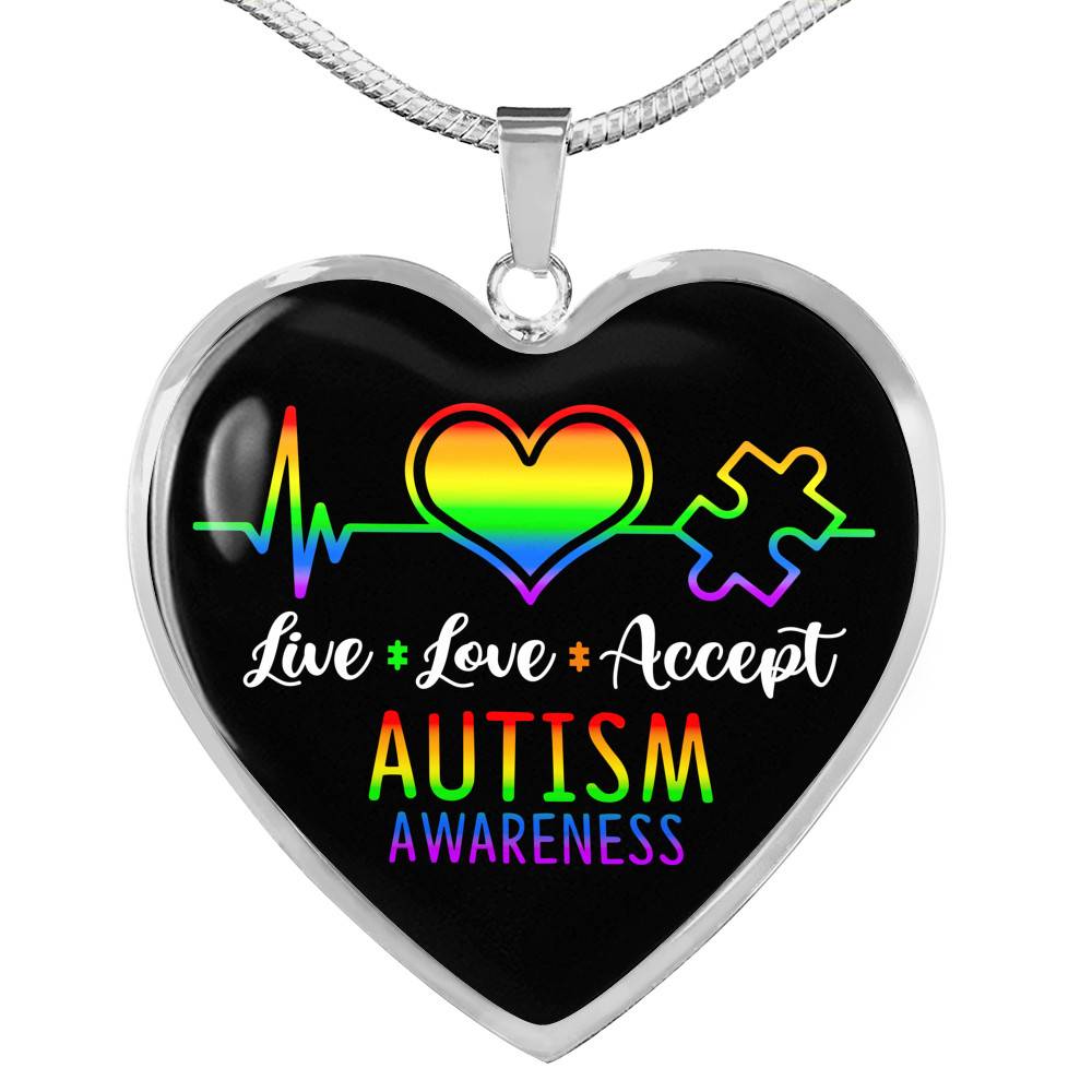 Live Love Accept Autism Awareness Heart Pendant Necklace - Autism Awareness Gifts - Heart Luxury Necklace (Silver)