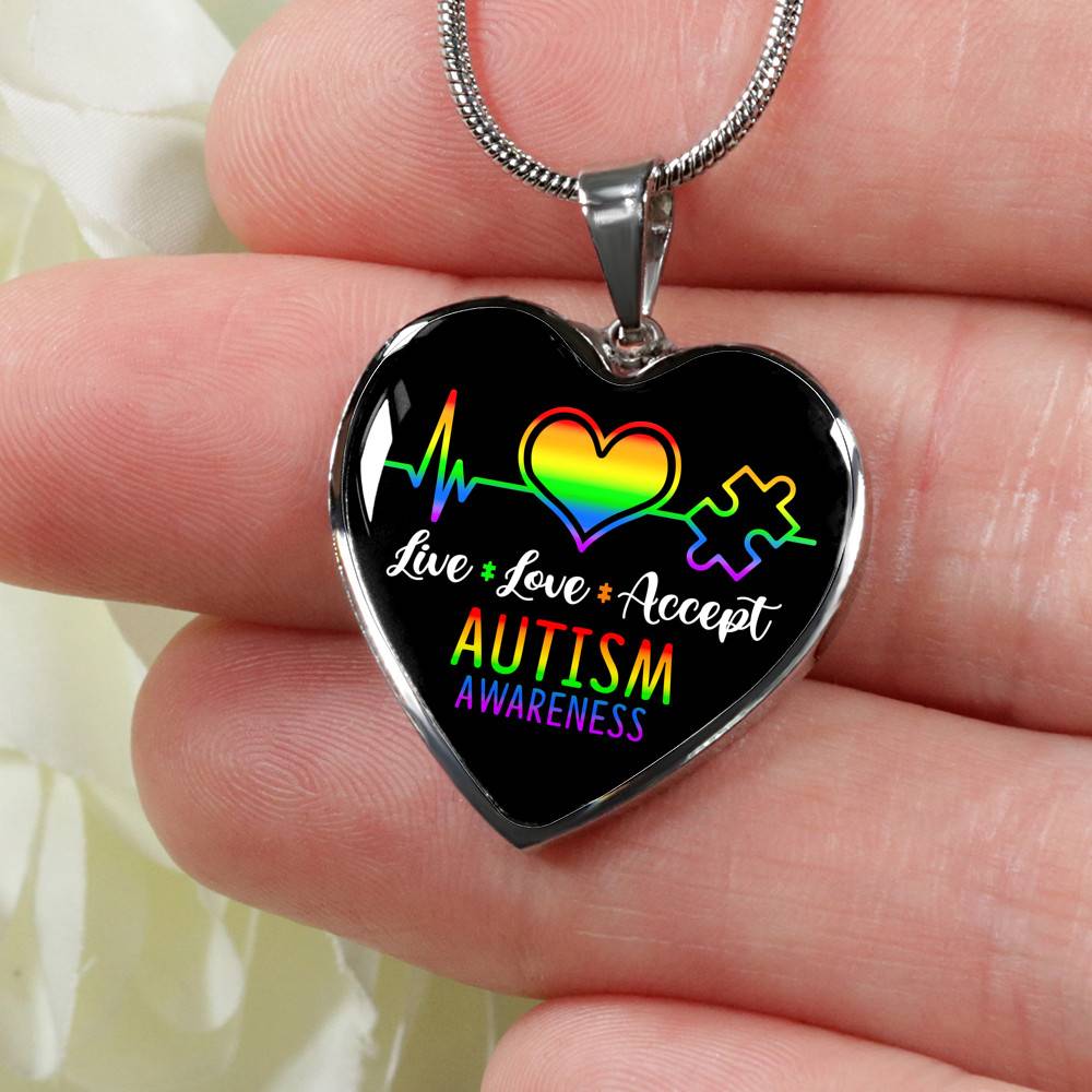 Live Love Accept Autism Awareness Heart Pendant Necklace - Autism Awareness Gifts - Heart Luxury Necklace (Silver)