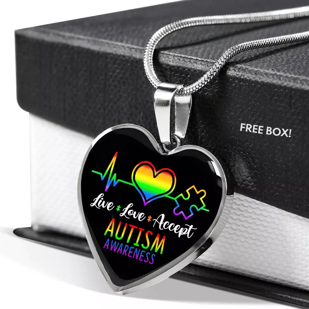 Live Love Accept Autism Awareness Heart Pendant Necklace - Autism Awareness Gifts - Heart Luxury Necklace (Silver)