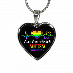 Live Love Accept Autism Awareness Heart Pendant Necklace - Autism Awareness Gifts - Heart Luxury Necklace (Silver)