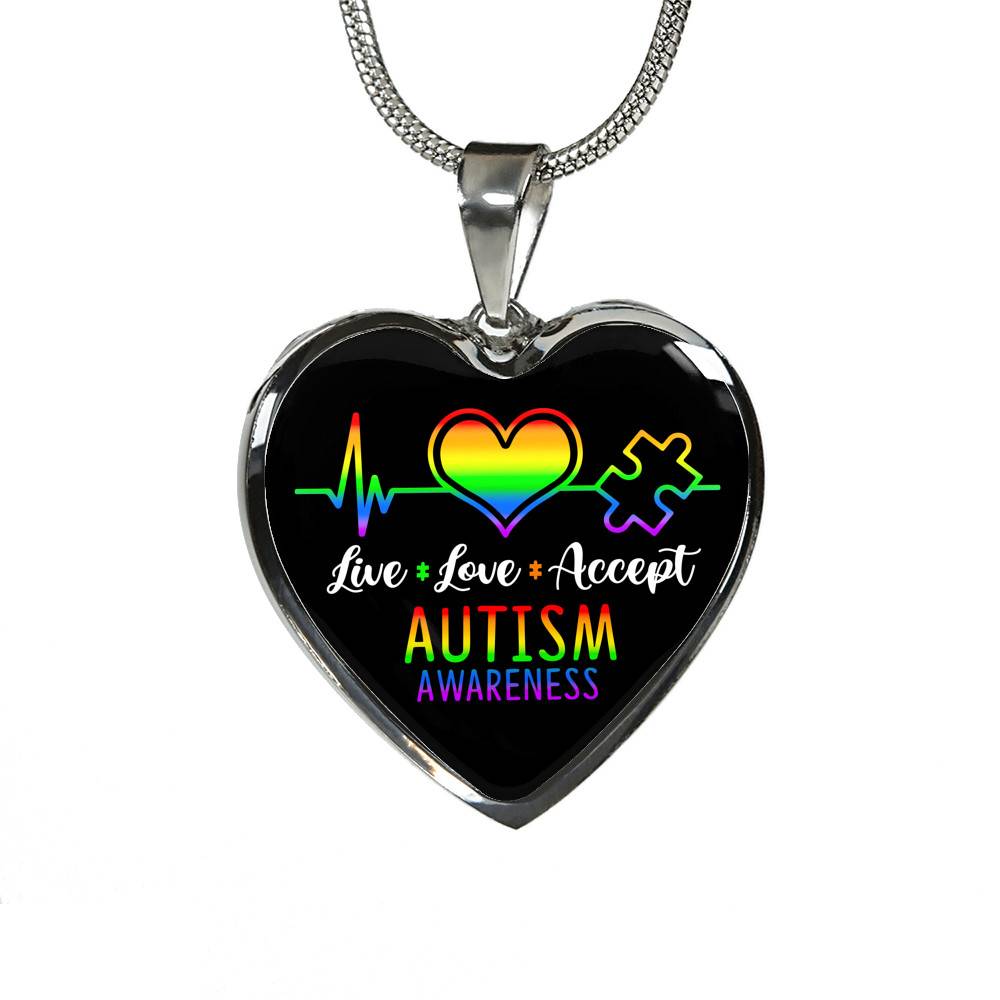 Live Love Accept Autism Awareness Heart Pendant Necklace - Autism Awareness Gifts - Heart Luxury Necklace (Silver)