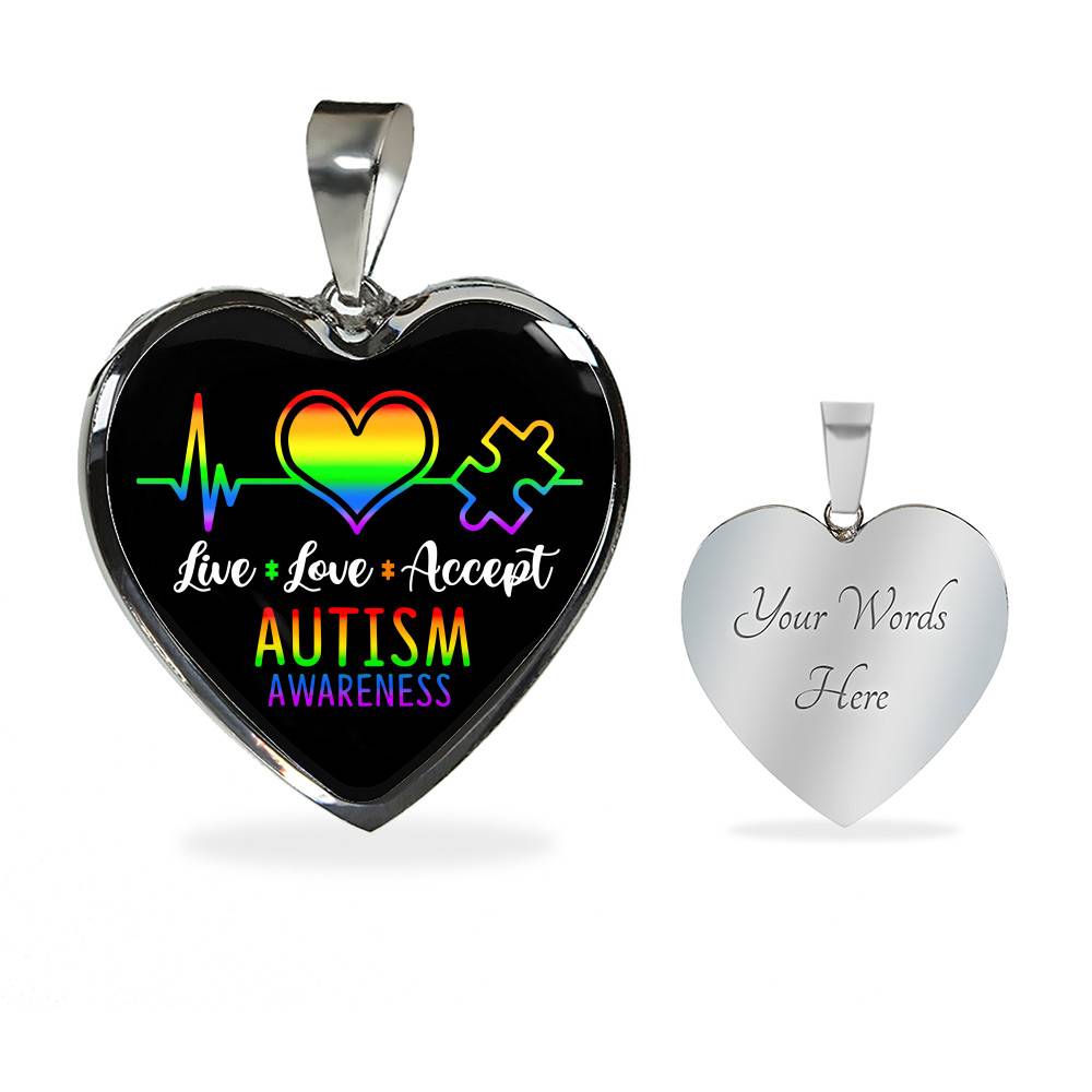 Live Love Accept Autism Awareness Heart Pendant Necklace - Autism Awareness Gifts - Heart Luxury Necklace (Silver)