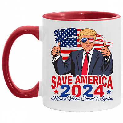 Trump 2024 Save America Make Votes Count Again - Biden Not My President Pro Trump Accent Mug, White/Red, 11 oz. Accent Mug
