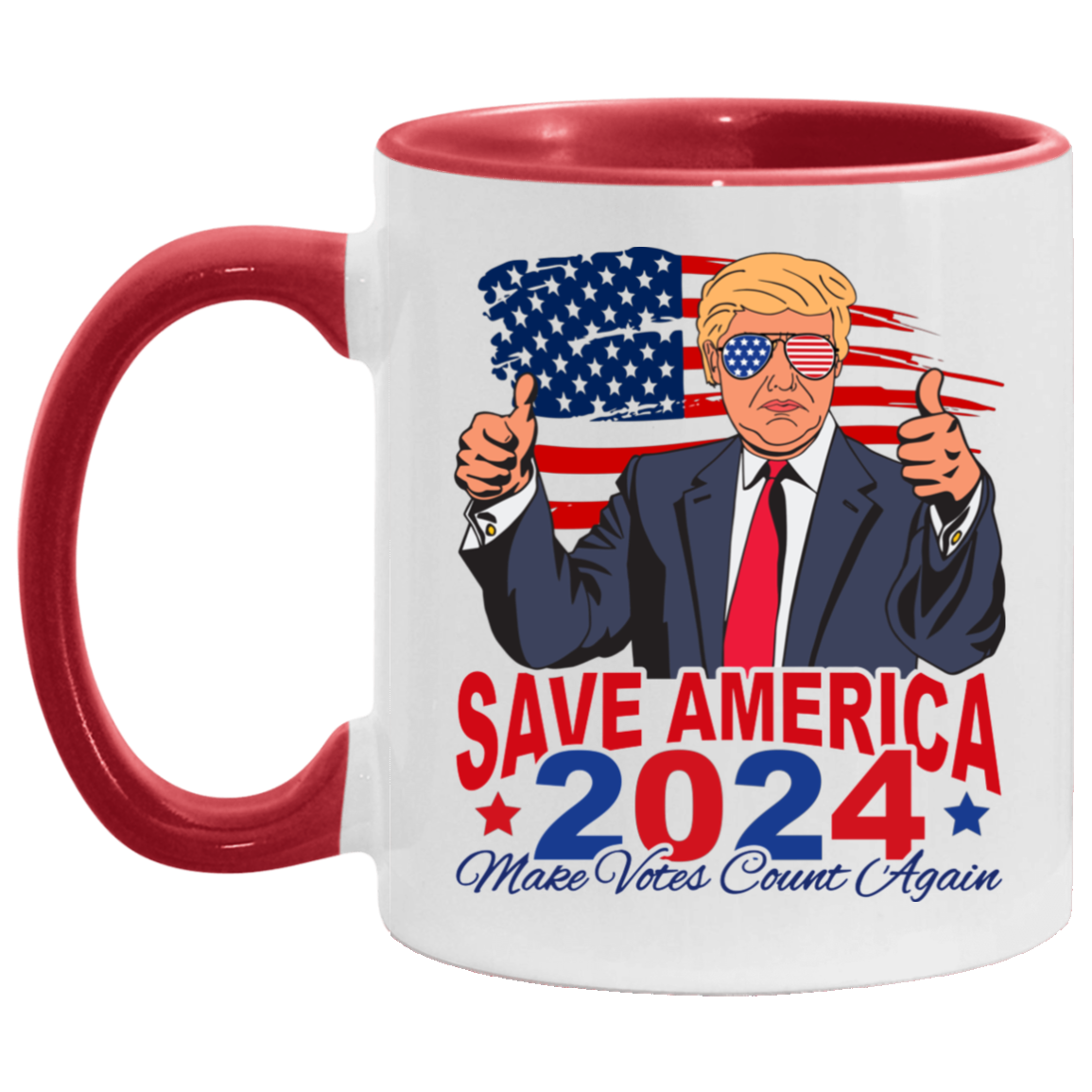 Trump 2024 Save America Make Votes Count Again - Biden Not My President Pro Trump Accent Mug, White/Red, 11 oz. Accent Mug