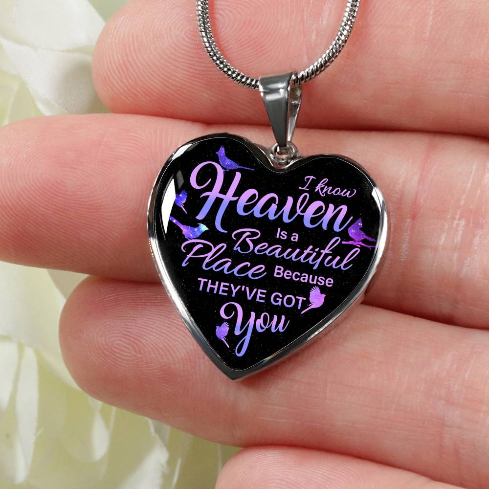I Know Heaven Is A Beautiful Place Because They've Got You Memorial Cardinals Quote Heart Pendant Necklace - Heart Luxury Necklace (Silver)