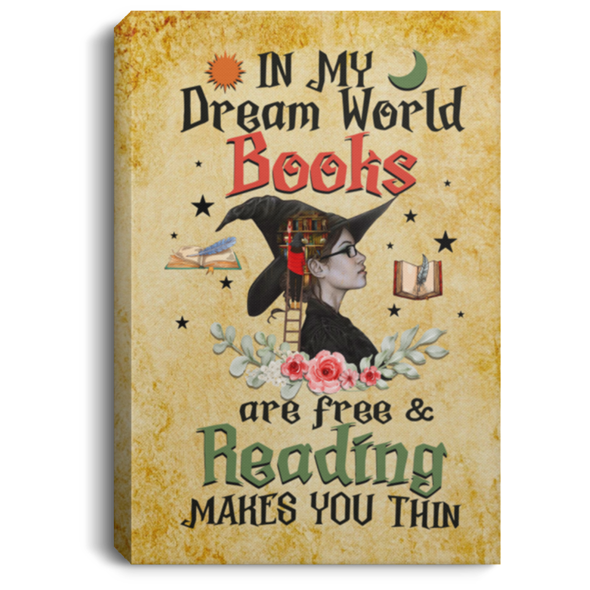 In My Dream World Books Are Free & Reading Makes You Thin Canvas Poster - Fun Reading Bookworm Meme Wall Art, White, 0.75'' Framed Canvas