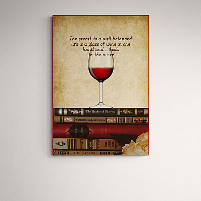 Alternative view of The Secret To A Well Balanced Life Is A Glass Of Wine Framed Canvas Prints - Book And Wine Unframed Poster