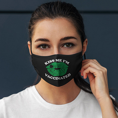Alternative view of Green Lips Kiss Me I'm Vaccinated Washable Reusable Custom Printed Cloth Face Mask Cover