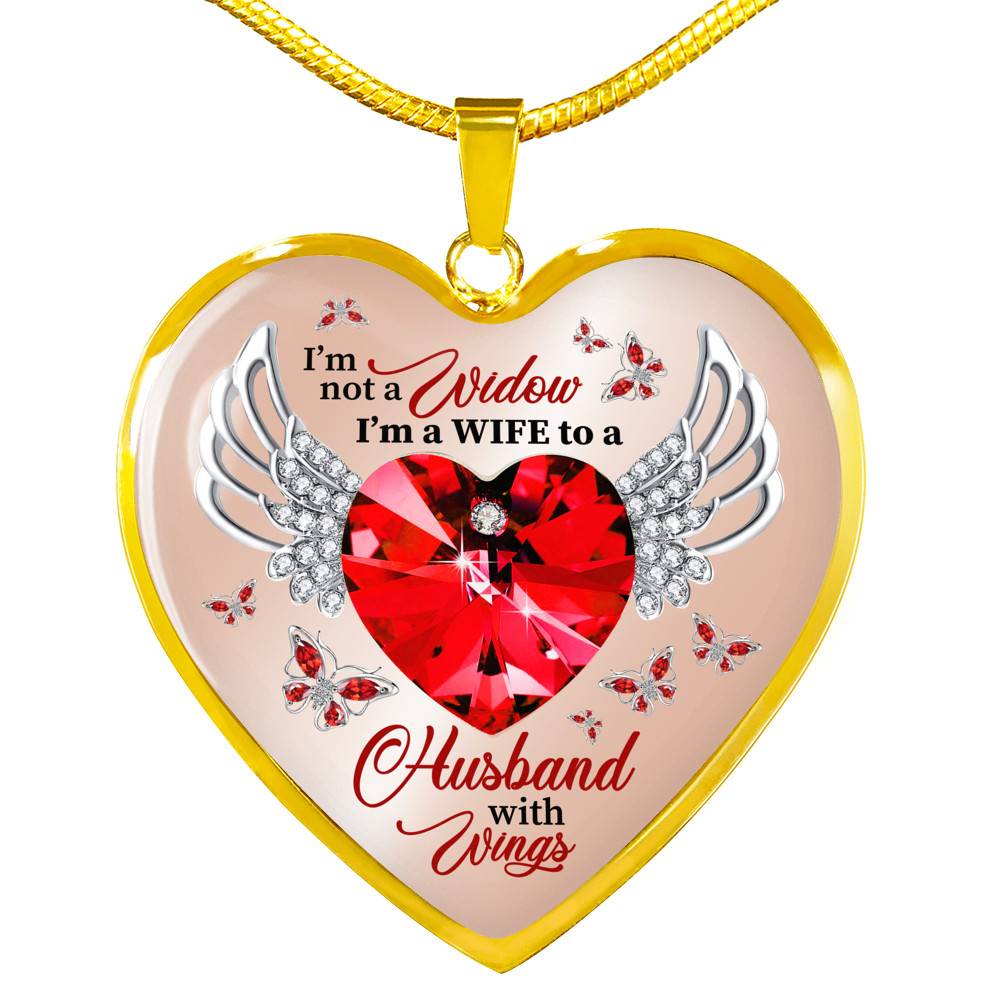 I'm Not A Widow I'm A Wife To A Husband With Wings Red Butterfly Heart Necklace - Husband Memorial Necklace - Heart Luxury Necklace (Gold Plated)