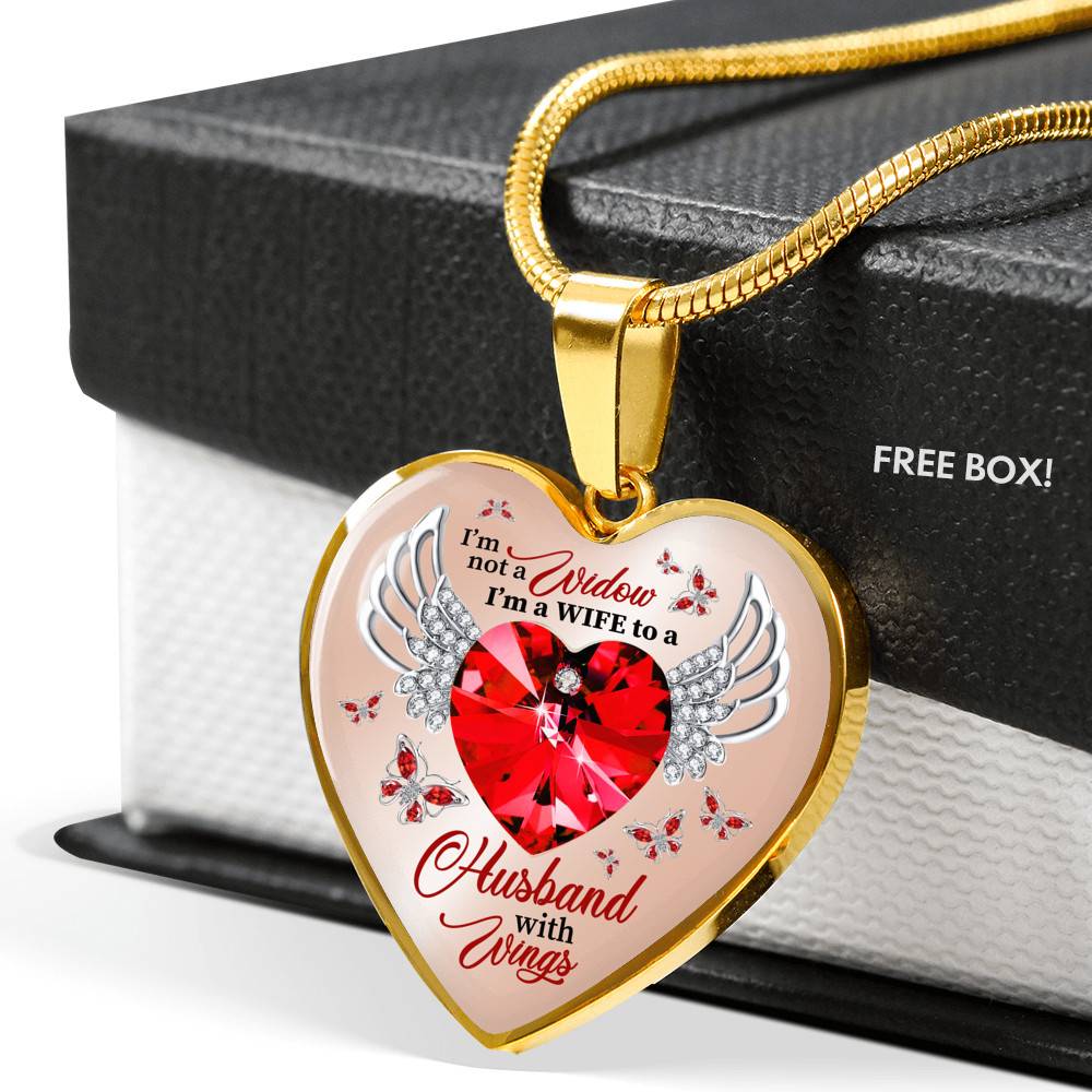 I'm Not A Widow I'm A Wife To A Husband With Wings Red Butterfly Heart Necklace - Husband Memorial Necklace - Heart Luxury Necklace (Gold Plated)