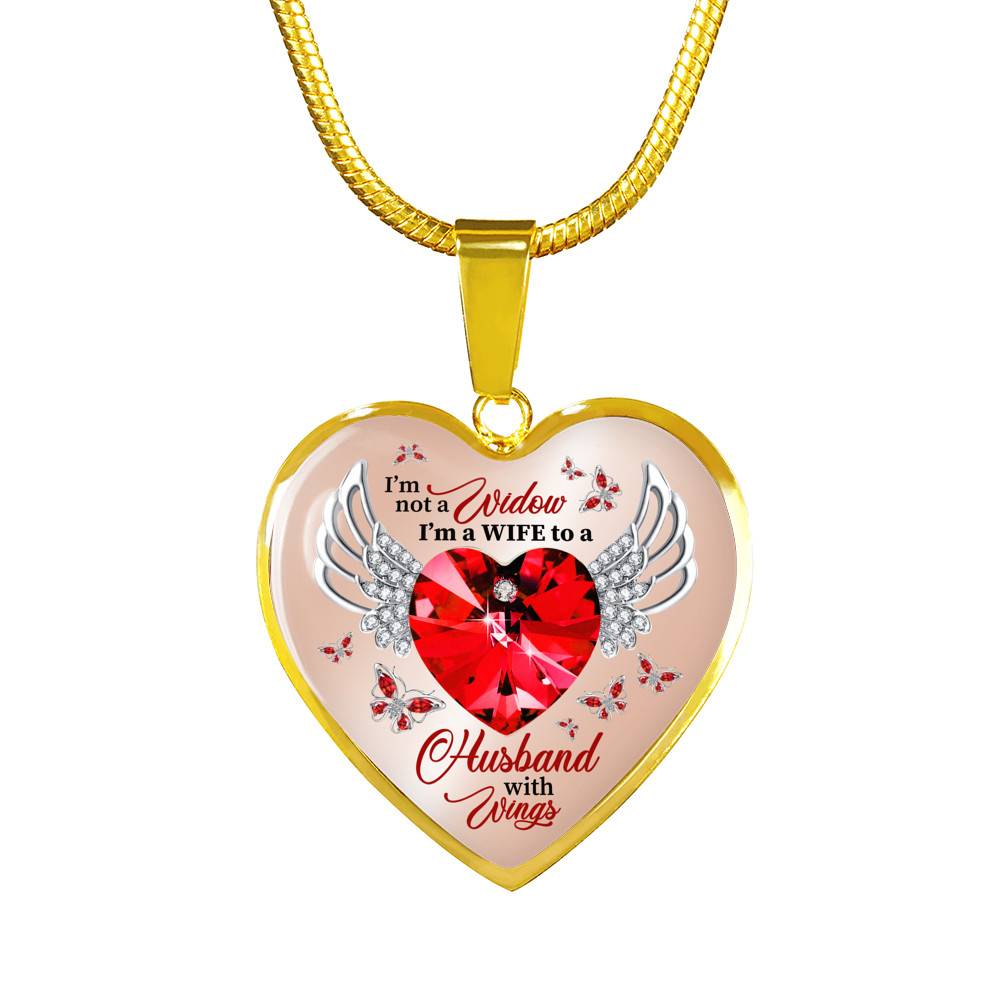 I'm Not A Widow I'm A Wife To A Husband With Wings Red Butterfly Heart Necklace - Husband Memorial Necklace - Heart Luxury Necklace (Gold Plated)