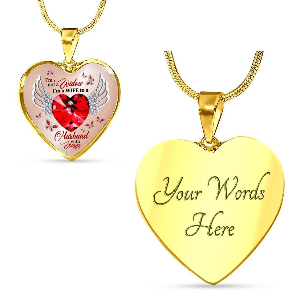 I'm Not A Widow I'm A Wife To A Husband With Wings Red Butterfly Heart Necklace - Husband Memorial Necklace - Heart Luxury Necklace (Gold Plated)