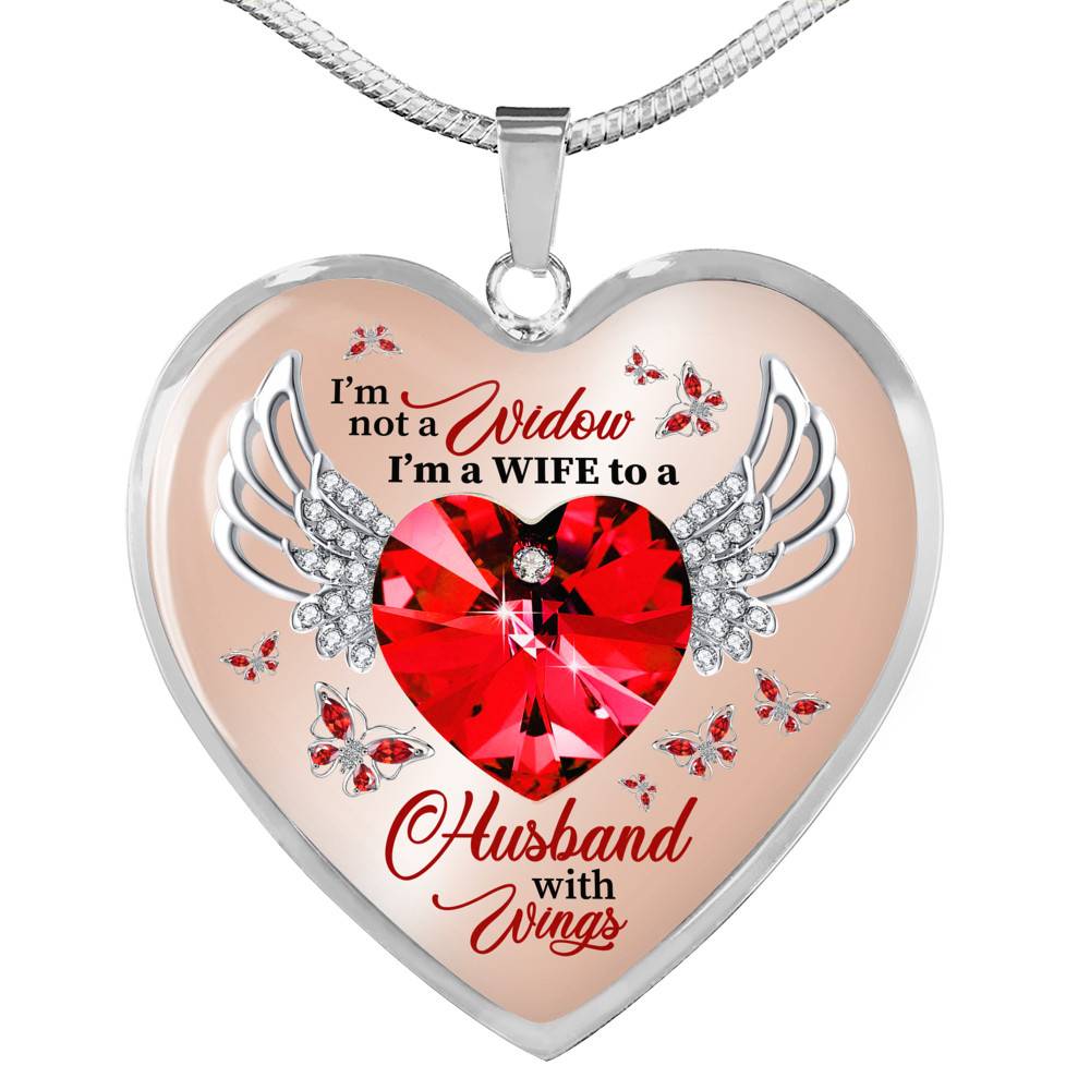 I'm Not A Widow I'm A Wife To A Husband With Wings Red Butterfly Heart Necklace - Husband Memorial Necklace - Heart Luxury Necklace (Silver)