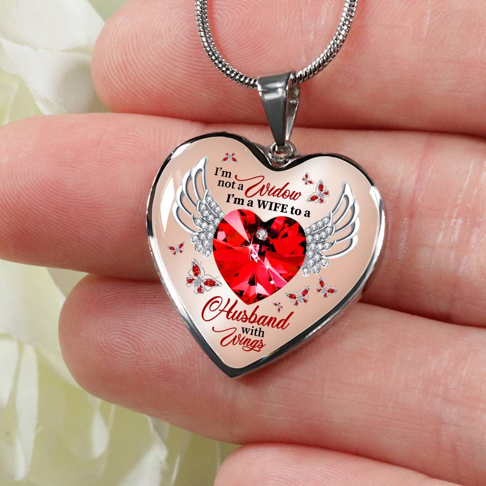 I'm Not A Widow I'm A Wife To A Husband With Wings Red Butterfly Heart Necklace - Husband Memorial Necklace - Heart Luxury Necklace (Silver)